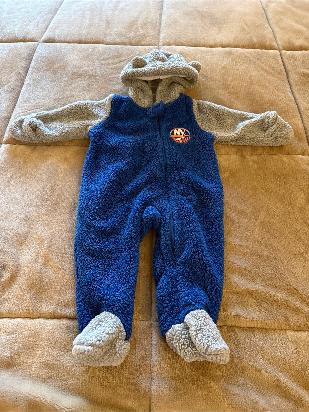 NHL NY Islanders Blue and Gray Sherpa Footed One-Piece with Hood